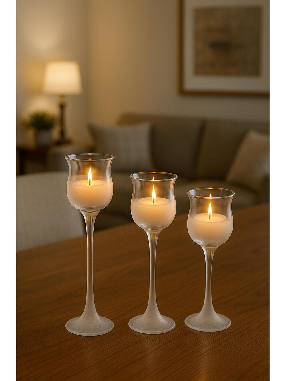 PartyLite P9428 Iced Crystal Trio Long Stemmed Votive Holders Frosted Stem NIB